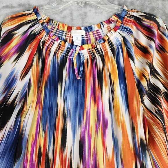Chico's Blouse Womens XL (3) Bright Watercolor Peasant Smocked 3/4 Sleeve Gypsy - Picture 3 of 7